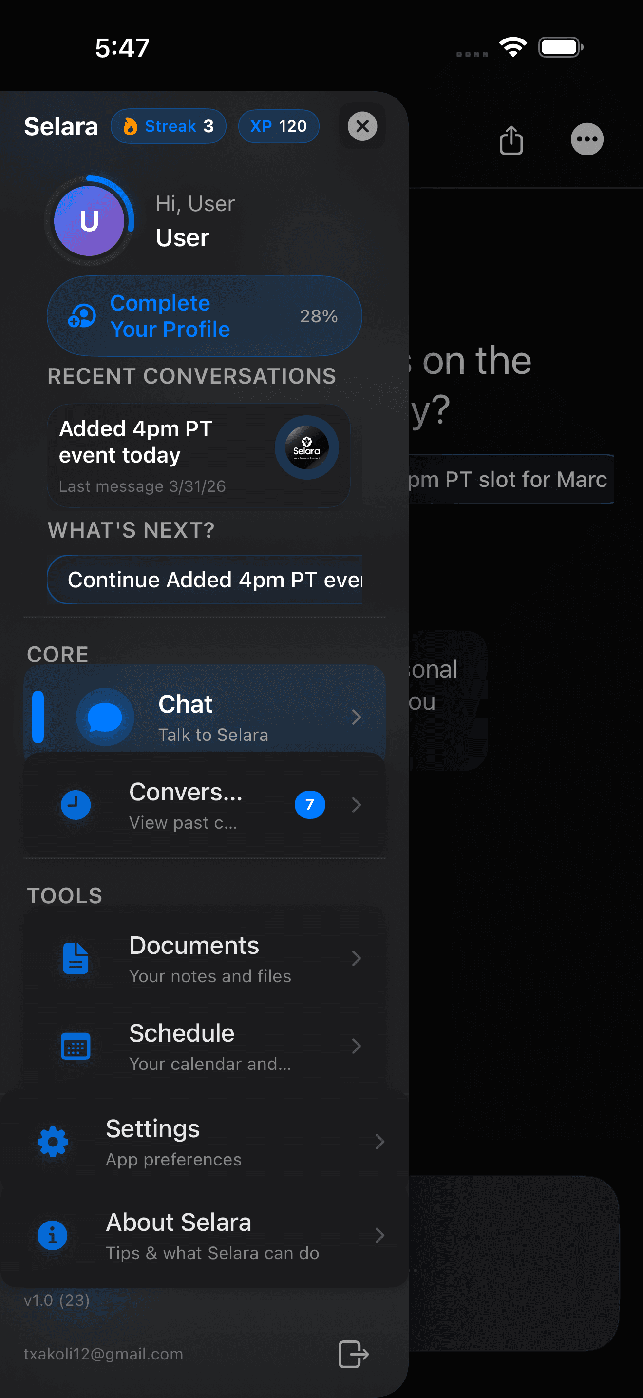 Selara sidebar navigation showing chat, conversations, documents, schedule, settings, and recent activity.
